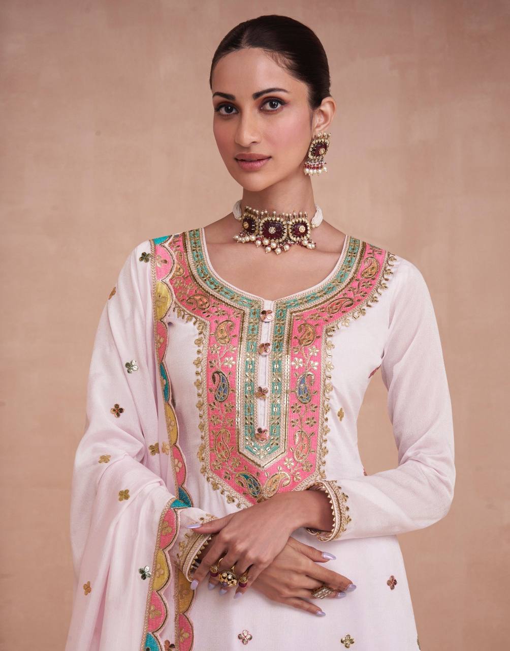 Beautiful Light Pink Colour Chinon Fabric Embroidery Work Fully Stitched Suit