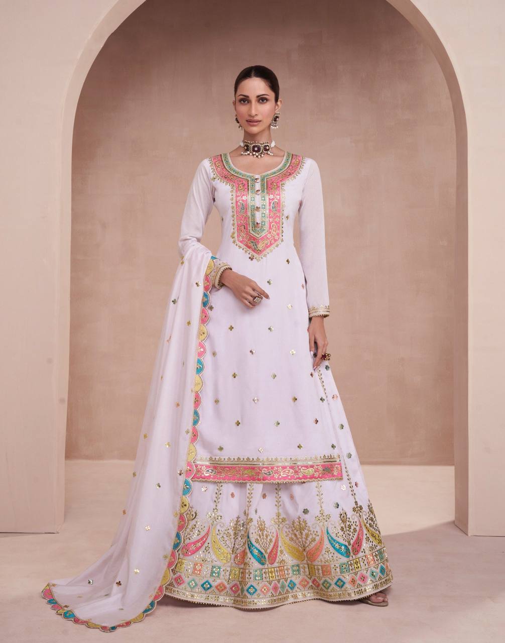 Beautiful Light Pink Colour Chinon Fabric Embroidery Work Fully Stitched Suit