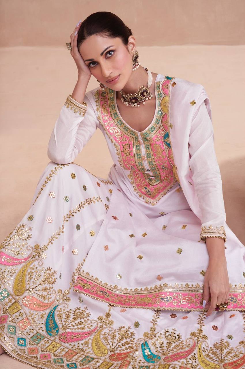 Beautiful Light Pink Colour Chinon Fabric Embroidery Work Fully Stitched Suit