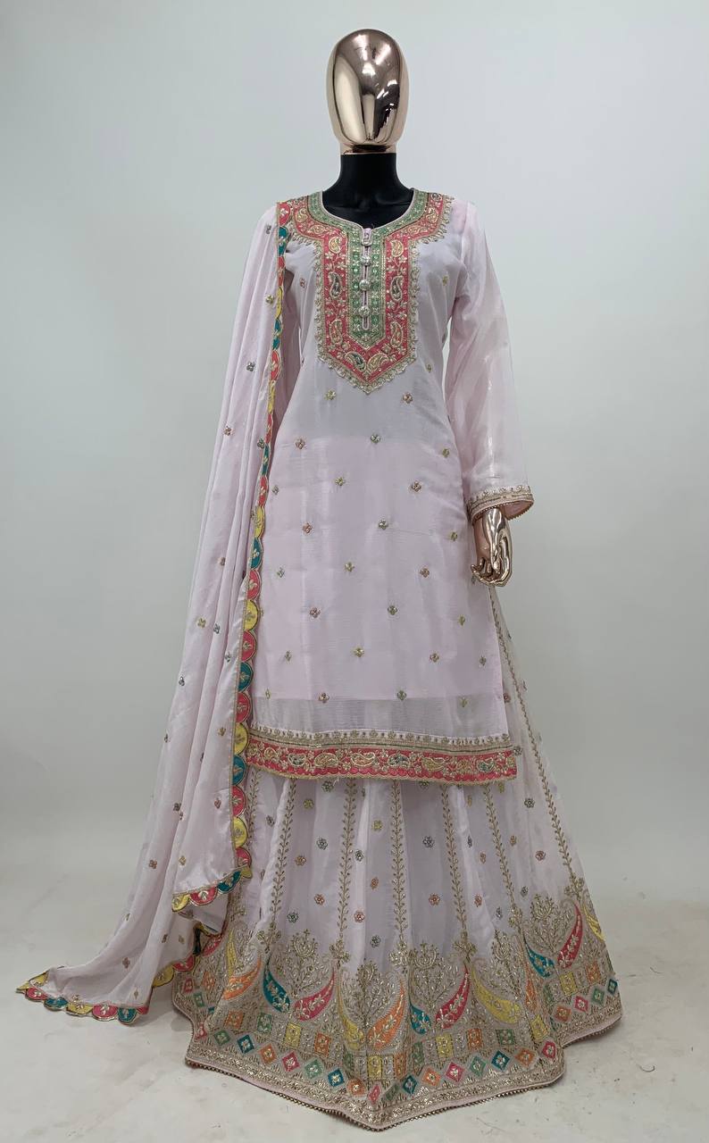 Beautiful Light Pink Colour Chinon Fabric Embroidery Work Fully Stitched Suit