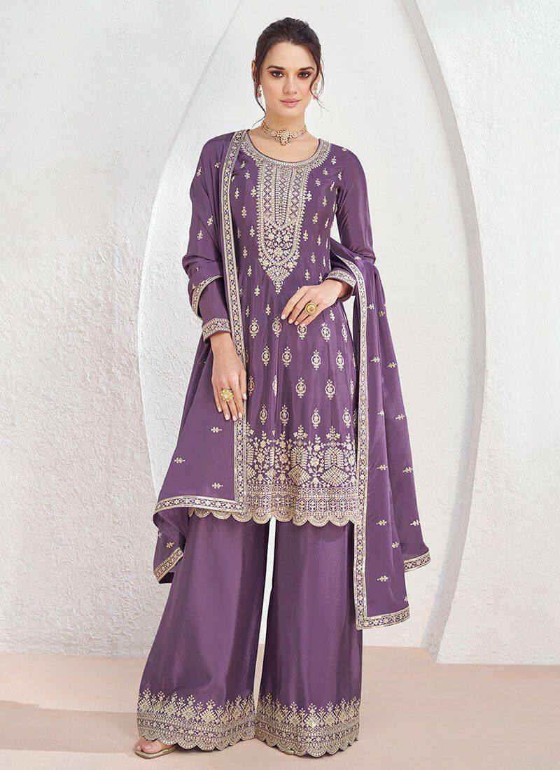 Amazing Purple Colour Chinon Fabric Embroidery Work Fully Stitched Suit