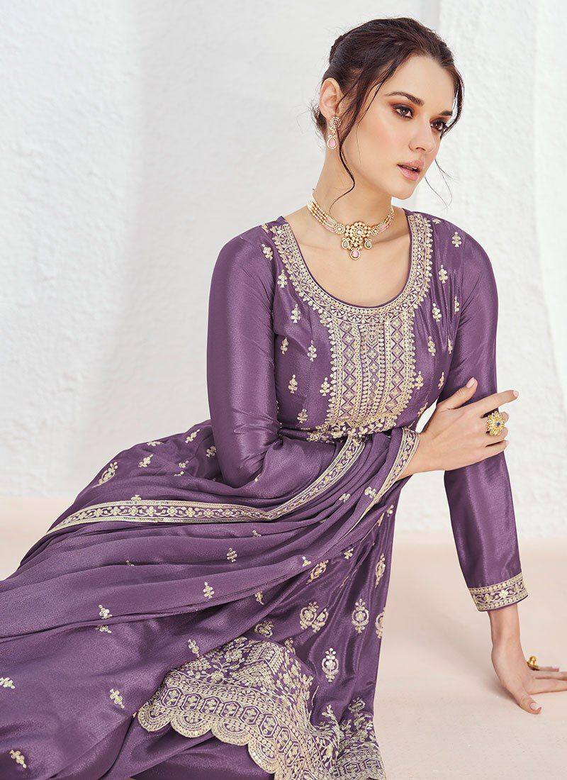 Amazing Purple Colour Chinon Fabric Embroidery Work Fully Stitched Suit