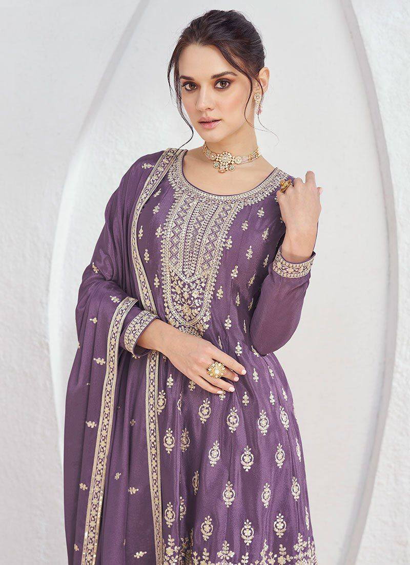 Amazing Purple Colour Chinon Fabric Embroidery Work Fully Stitched Suit