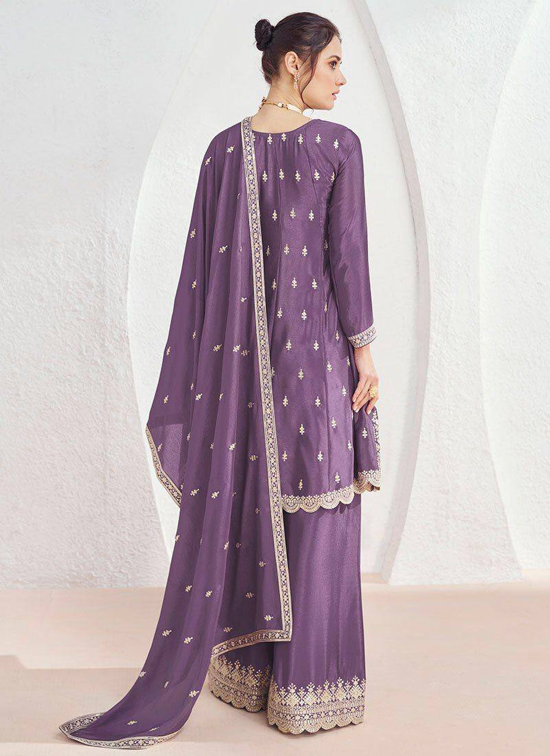 Amazing Purple Colour Chinon Fabric Embroidery Work Fully Stitched Suit