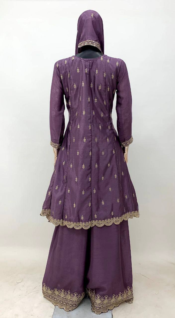 Amazing Purple Colour Chinon Fabric Embroidery Work Fully Stitched Suit