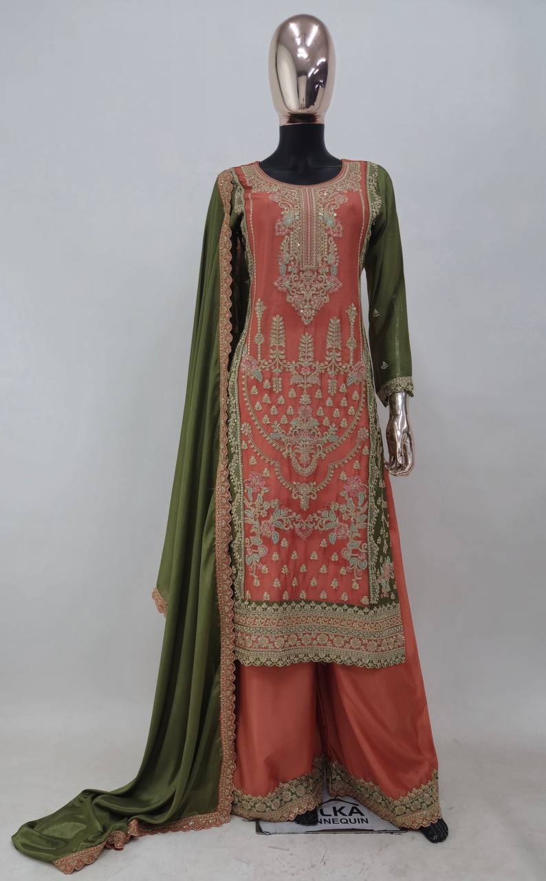 Wedding Wear Chinon Fabric Embroidery Work Fully Stitched Salwar Suit