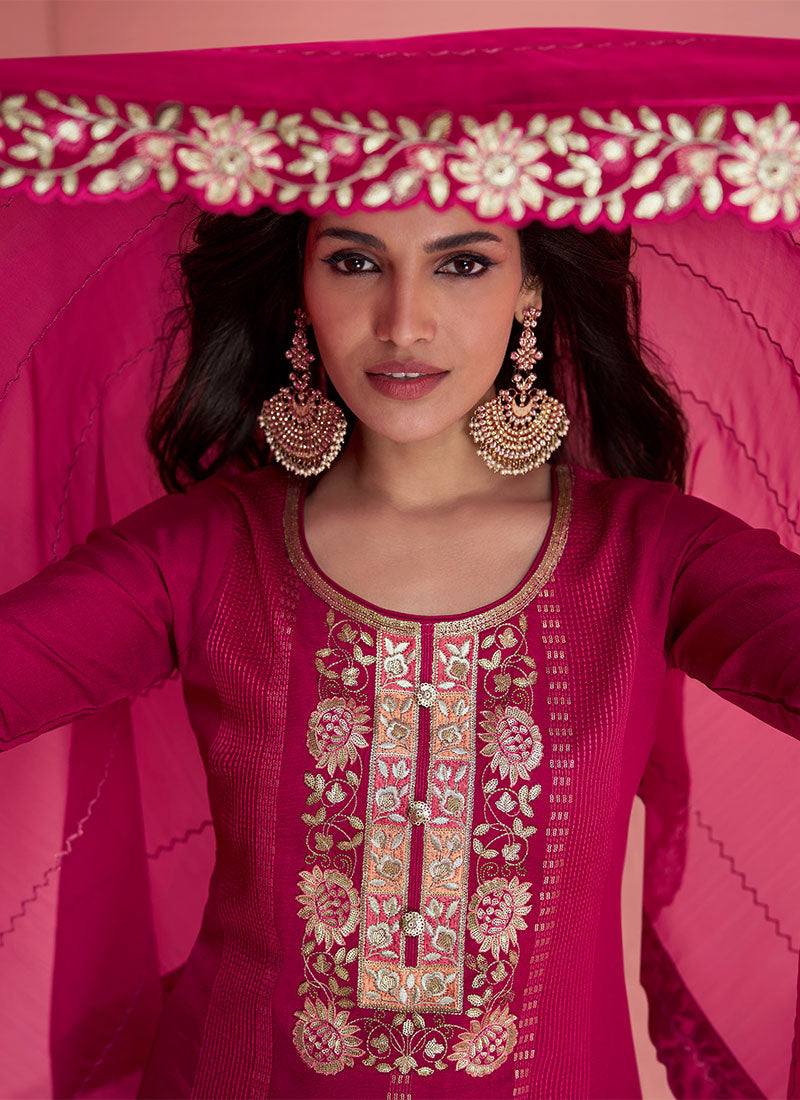 Beautiful Pink Colour Vichitra Silk Fabric Embroidery Work Fully Stitched Sharara Suit