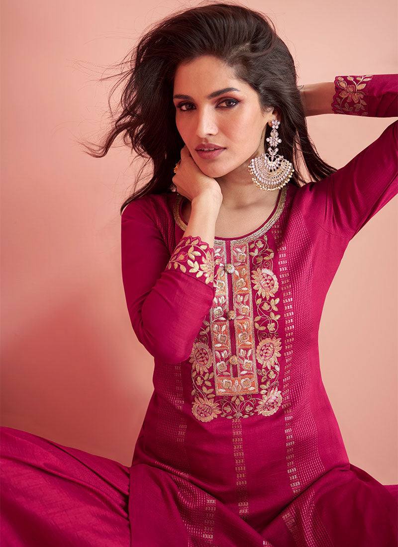 Beautiful Pink Colour Vichitra Silk Fabric Embroidery Work Fully Stitched Sharara Suit