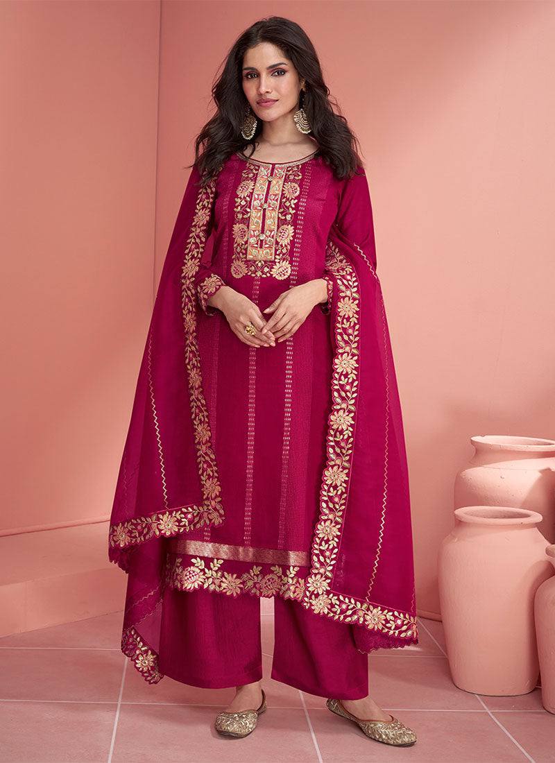 Beautiful Pink Colour Vichitra Silk Fabric Embroidery Work Fully Stitched Sharara Suit