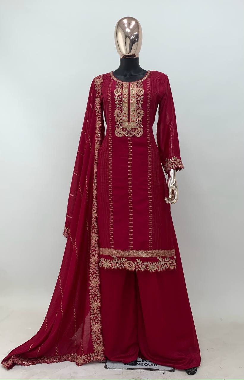 Beautiful Pink Colour Vichitra Silk Fabric Embroidery Work Fully Stitched Sharara Suit