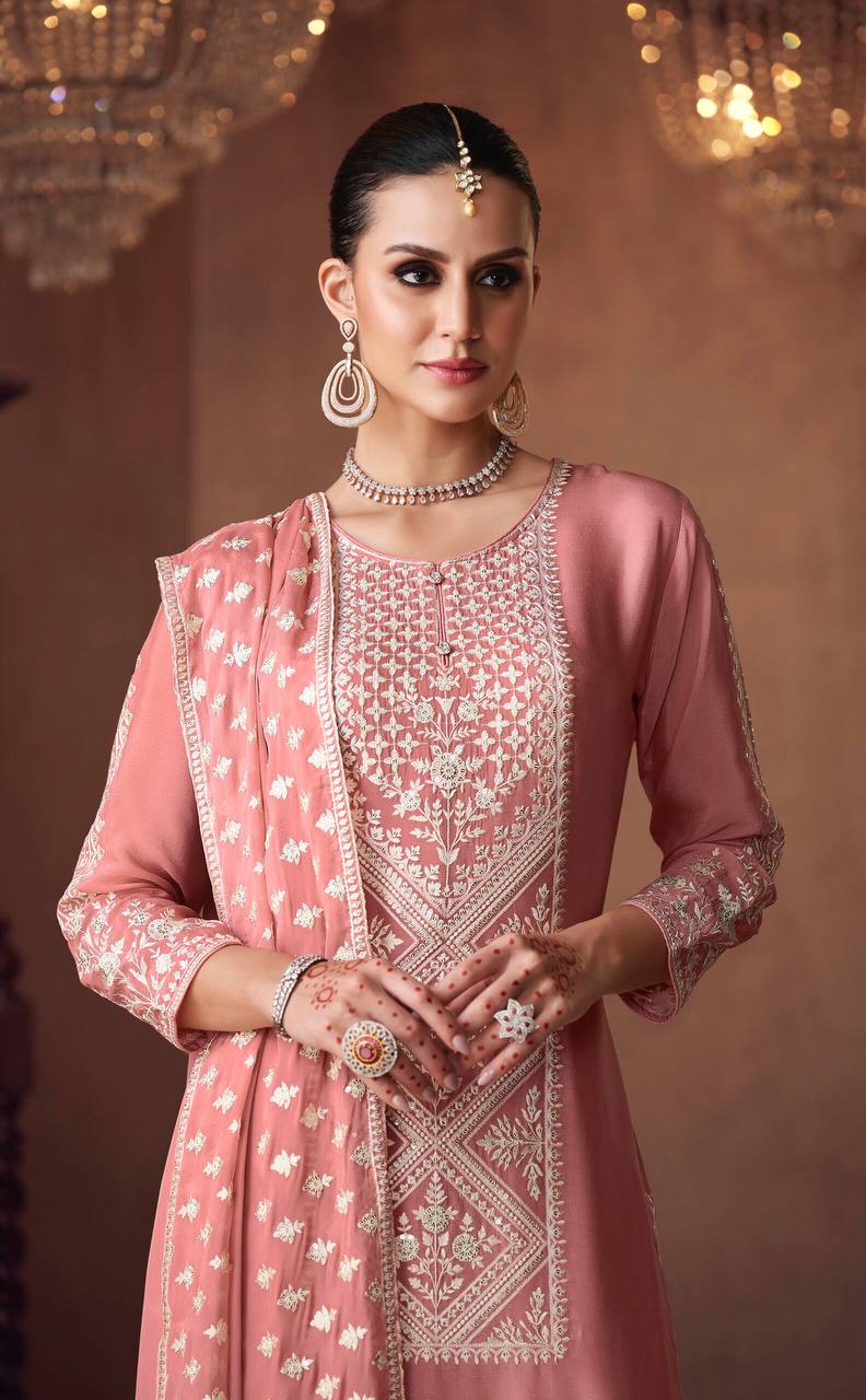 Wedding Wear Chinon Fabric Embroidery Work Fully Stitched Salwar Suit