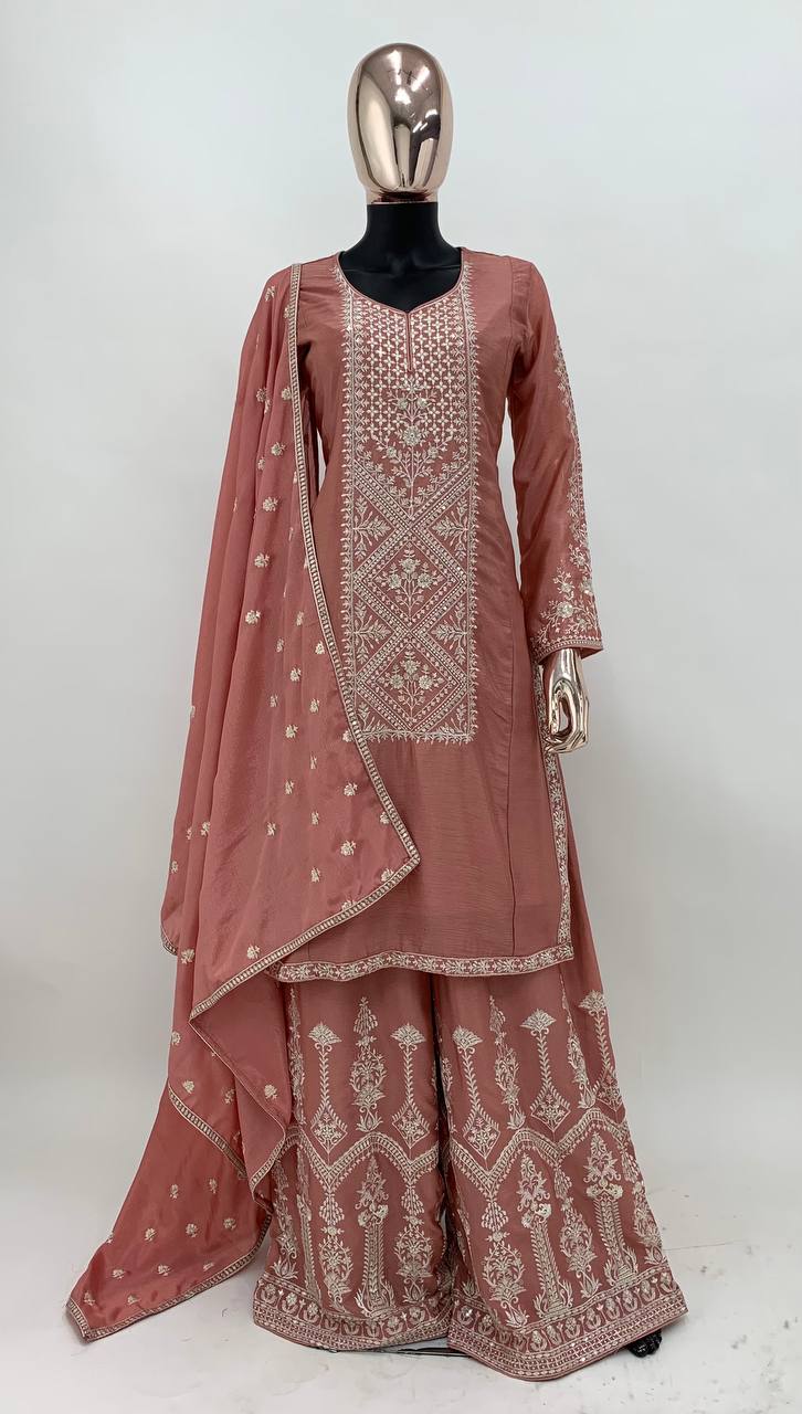 Wedding Wear Chinon Fabric Embroidery Work Fully Stitched Salwar Suit