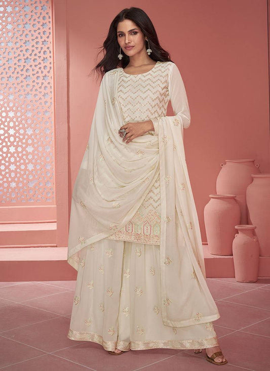 Designer White Colour Chinon Fabric Embroidery Work Fully Stitched Sharara Suit