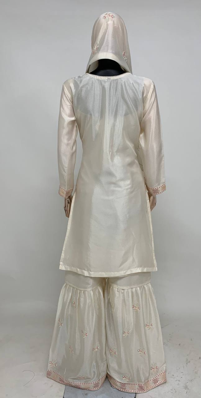 Designer White Colour Chinon Fabric Embroidery Work Fully Stitched Sharara Suit