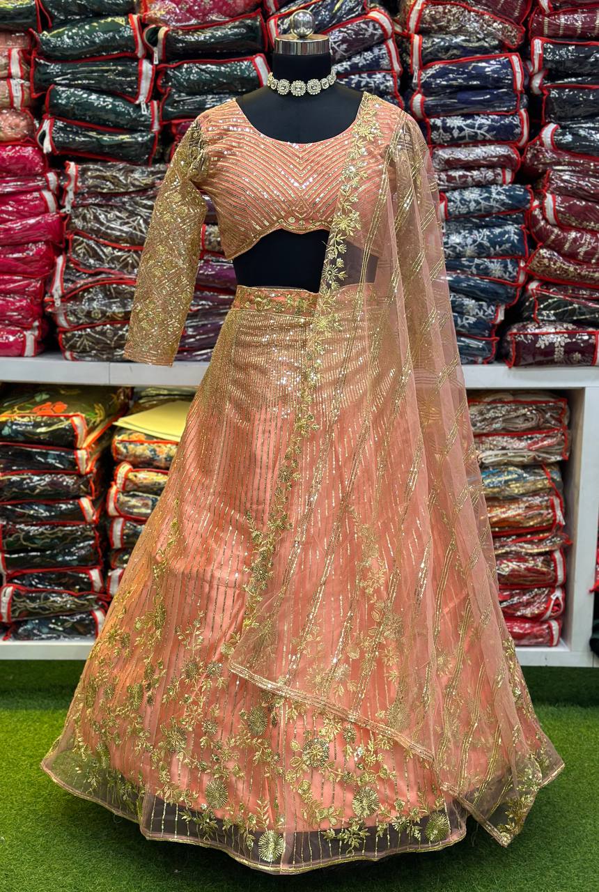 Wedding Wear Baby Pink Colour Embroidery Sequence Design Work Lehenga Choli