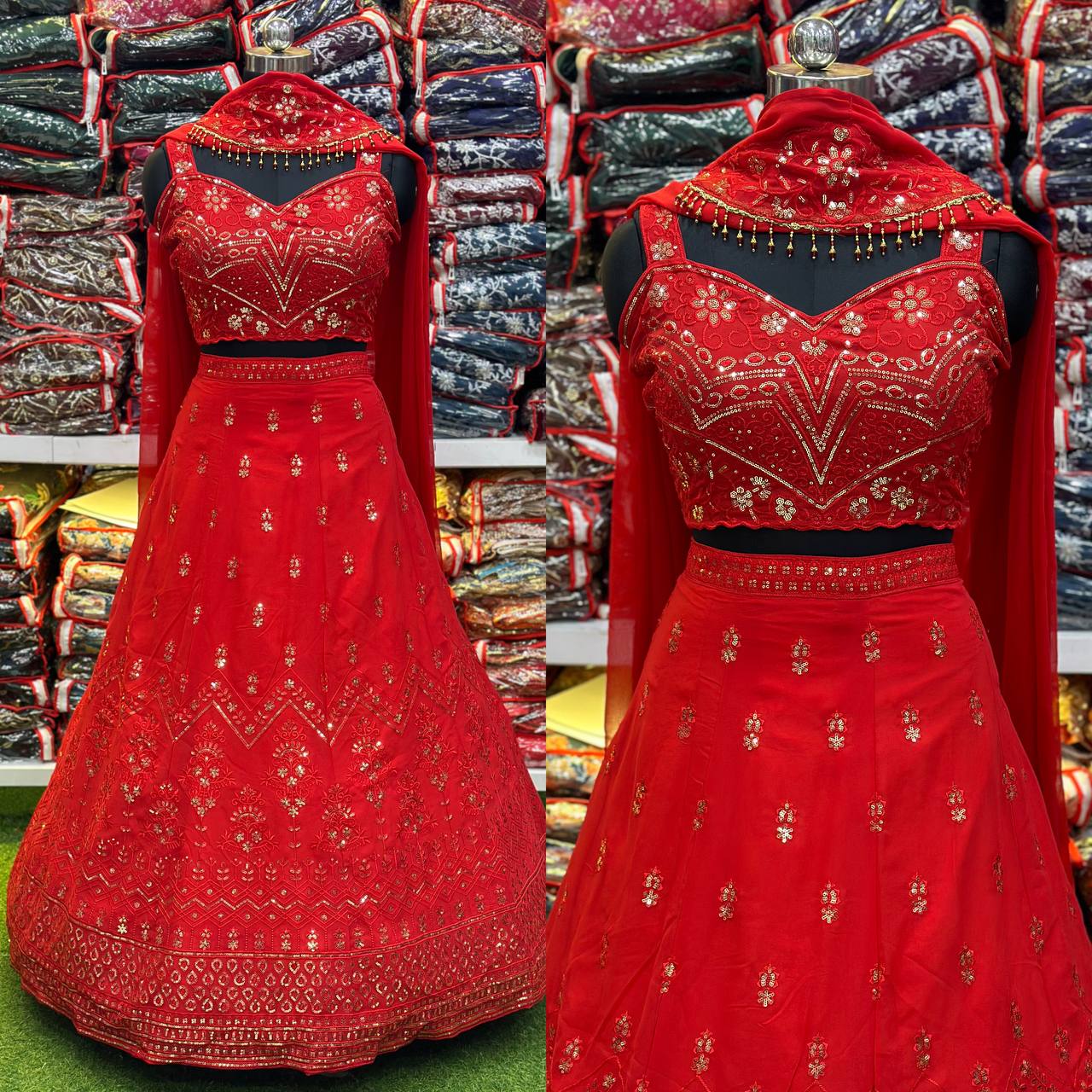 Attractive Red Colour Georgette Fabric Embroidery Sequence Design Work Lehenga Choli