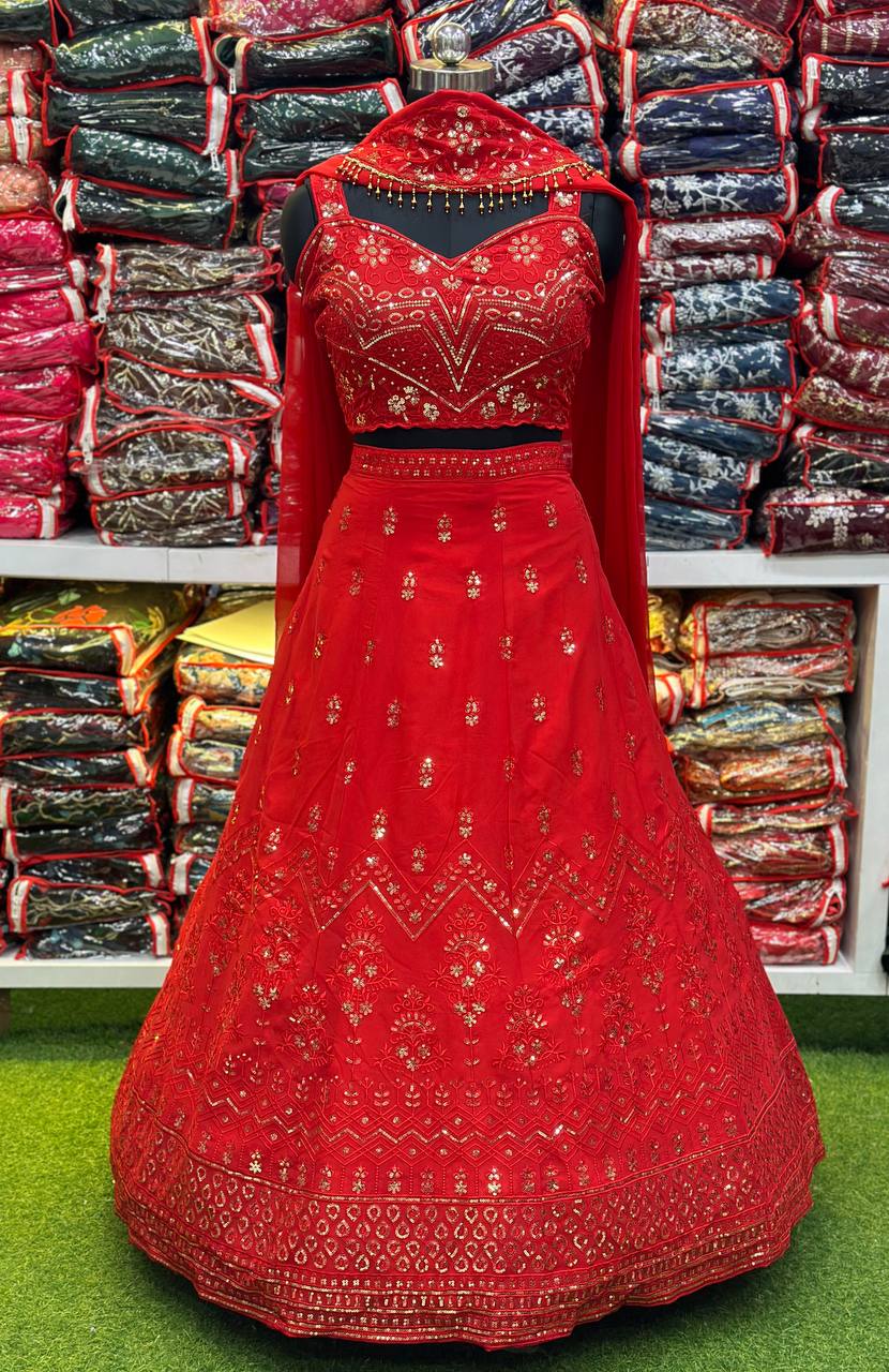 Attractive Red Colour Georgette Fabric Embroidery Sequence Design Work Lehenga Choli