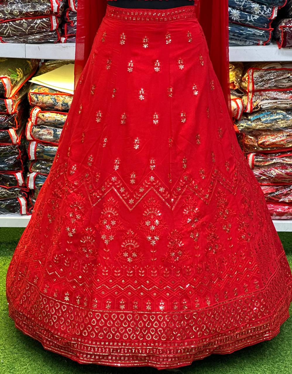 Attractive Red Colour Georgette Fabric Embroidery Sequence Design Work Lehenga Choli