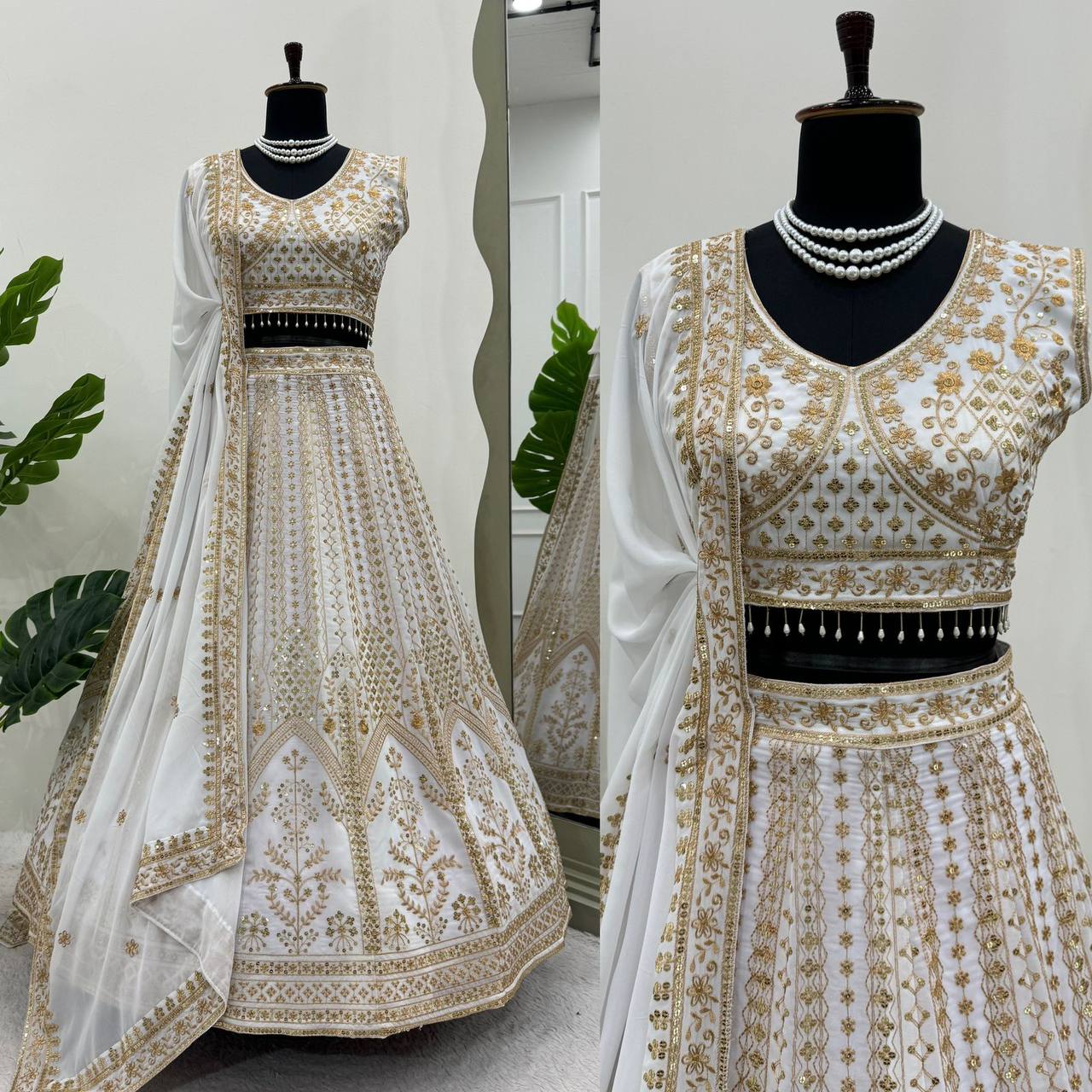 Wedding Wear White Colour Thread Sequence Work Lehenga Choli