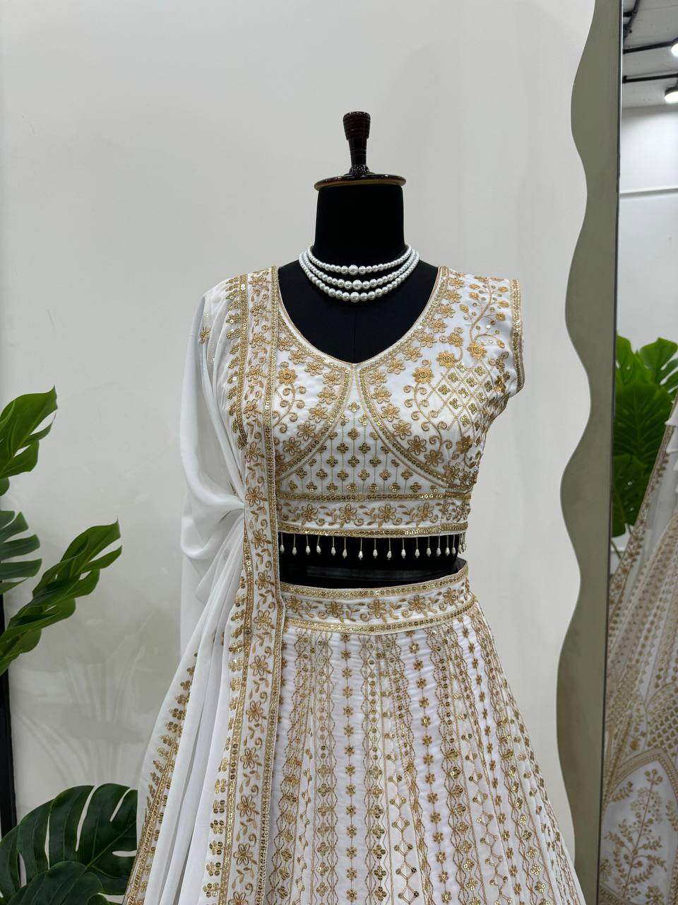 Wedding Wear White Colour Thread Sequence Work Lehenga Choli