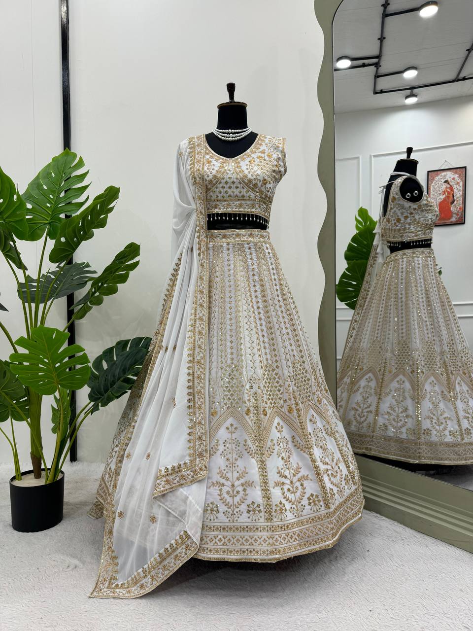 Wedding Wear White Colour Thread Sequence Work Lehenga Choli