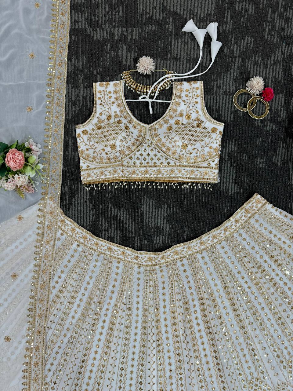 Wedding Wear White Colour Thread Sequence Work Lehenga Choli