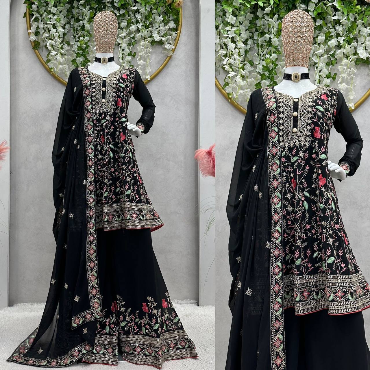 Attractive Black Colour Georgette Fabric Thread Sequence Work