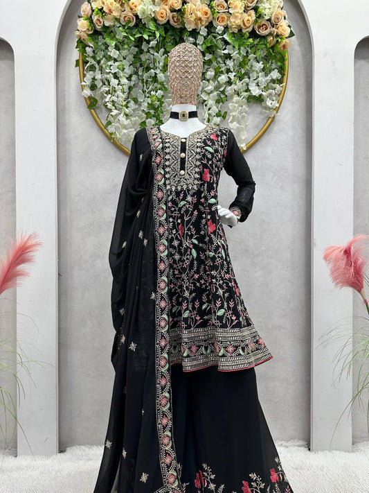 Attractive Black Colour Georgette Fabric Thread Sequence Work