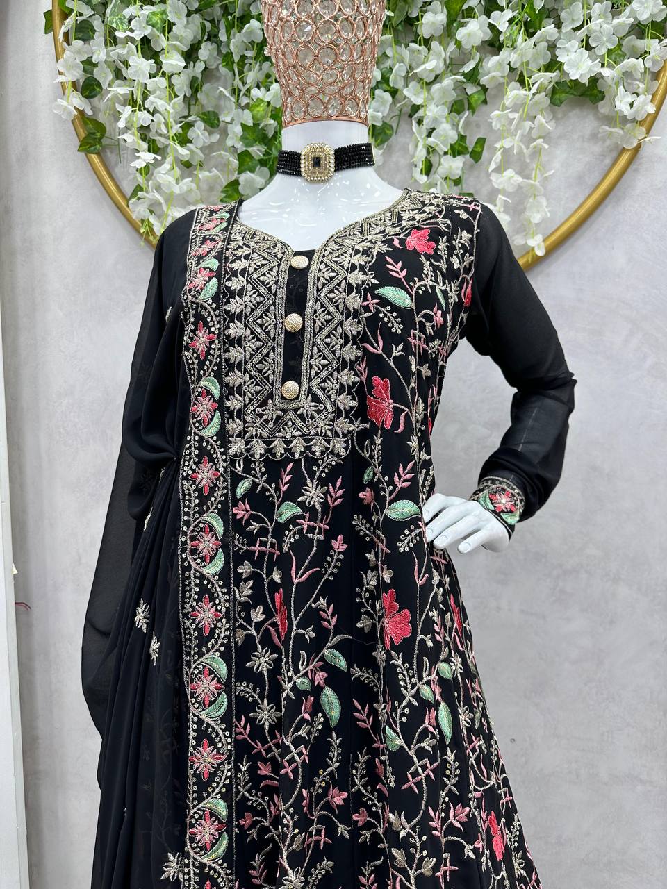 Attractive Black Colour Georgette Fabric Thread Sequence Work