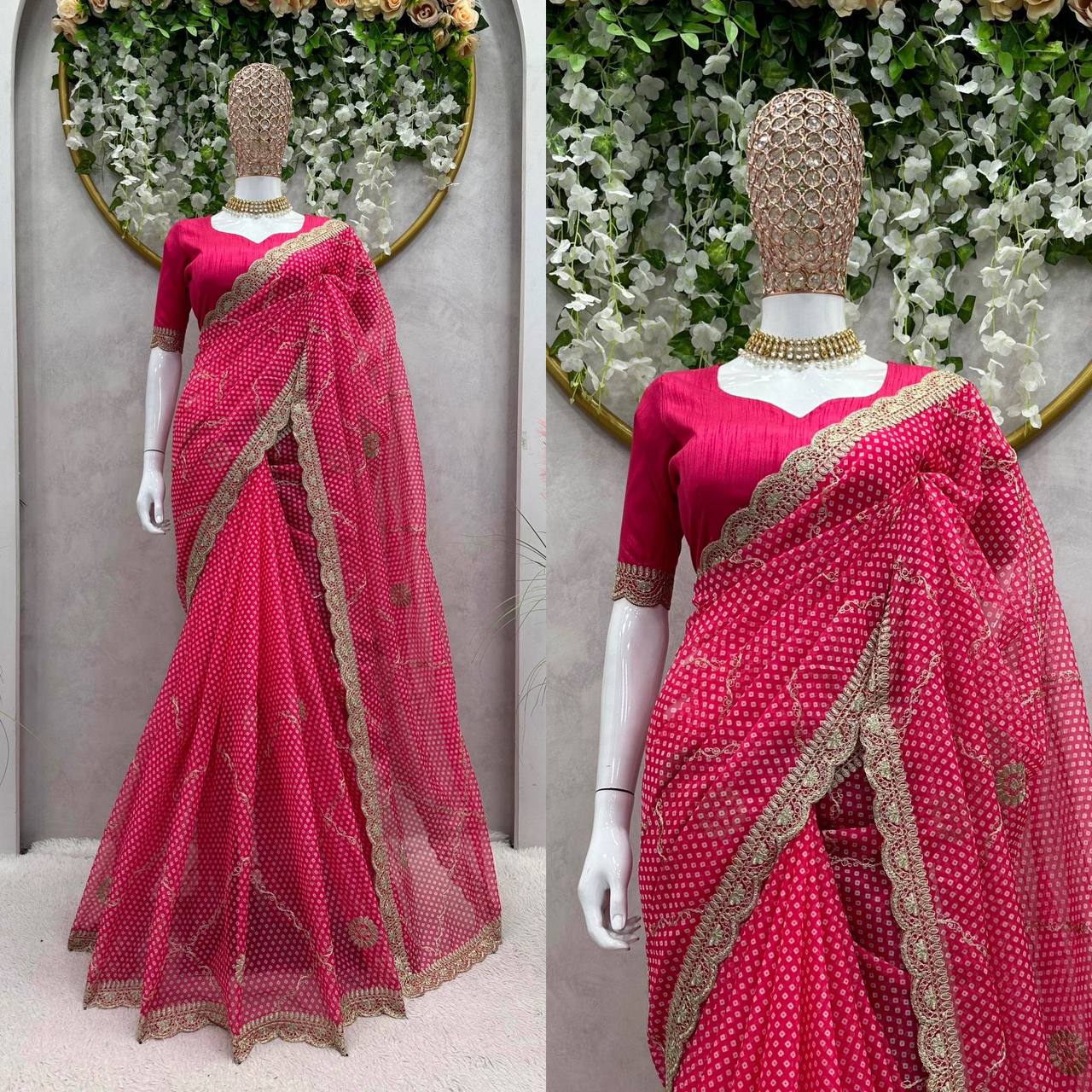 Designer Tibby Silk Digital Printing Thread Lace Work Saree