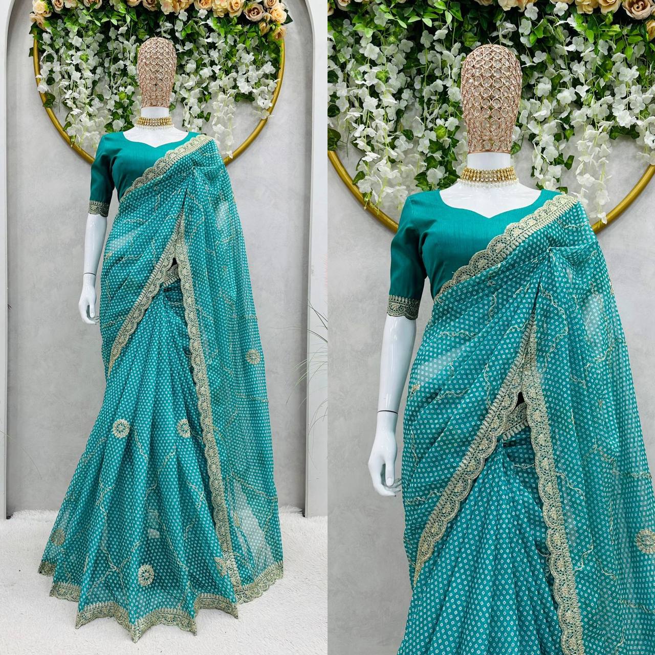 Designer Tibby Silk Digital Printing Thread Lace Work Saree