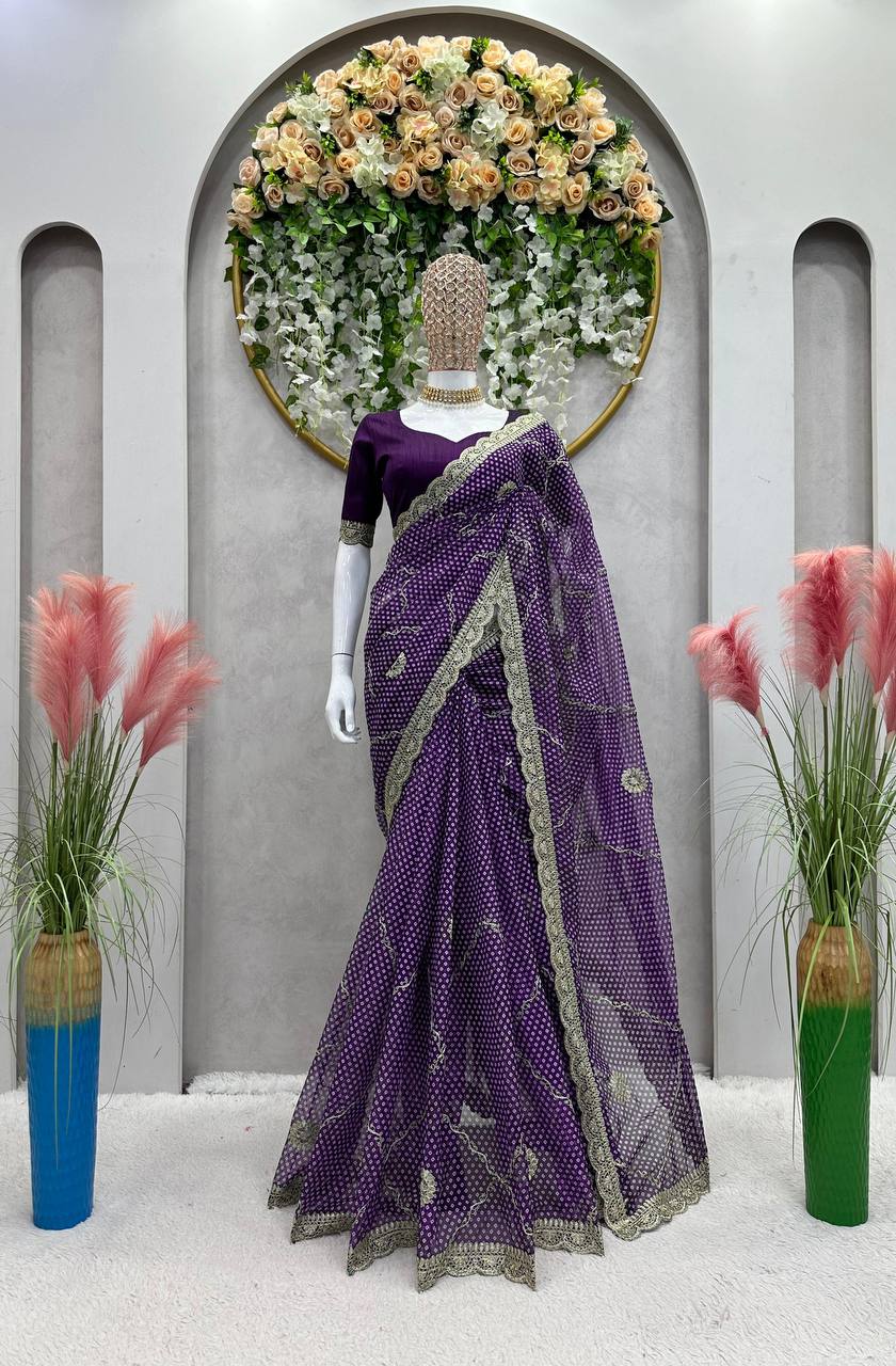 Designer Tibby Silk Digital Printing Thread Lace Work Saree