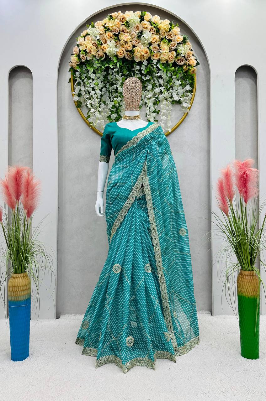 Designer Tibby Silk Digital Printing Thread Lace Work Saree