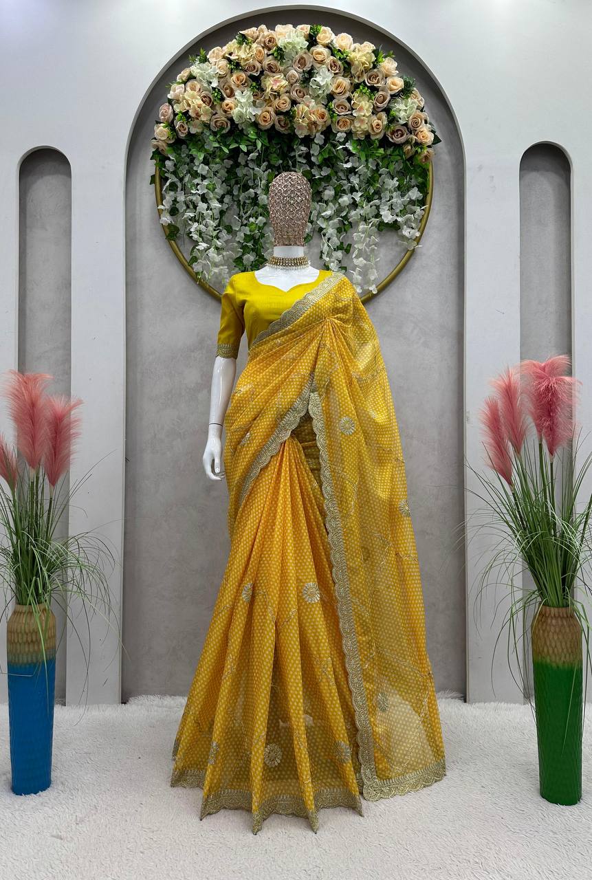 Designer Tibby Silk Digital Printing Thread Lace Work Saree