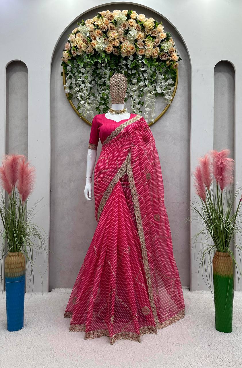 Designer Tibby Silk Digital Printing Thread Lace Work Saree