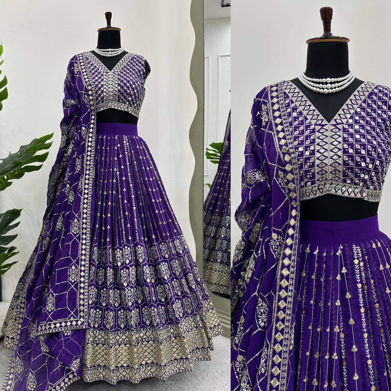 Demanding Purple Colour Georgette Fabric Thread And Sequences Work Lehenga Choli