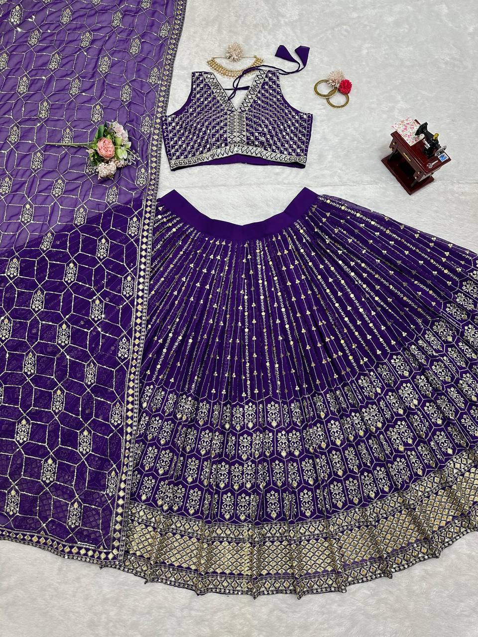 Demanding Purple Colour Georgette Fabric Thread And Sequences Work Lehenga Choli