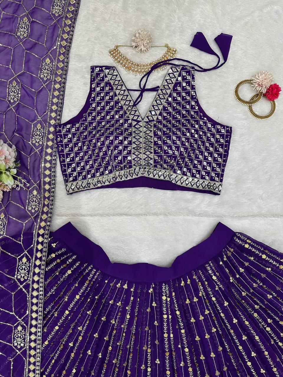 Demanding Purple Colour Georgette Fabric Thread And Sequences Work Lehenga Choli