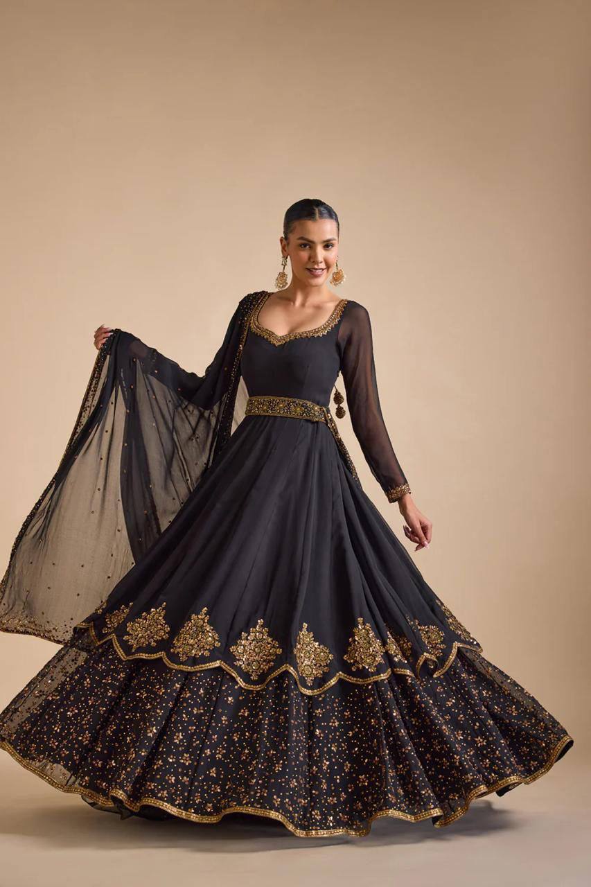 Demanding Black Colour Georgette Fabric Thread And Sequences Work Anarkali Suit