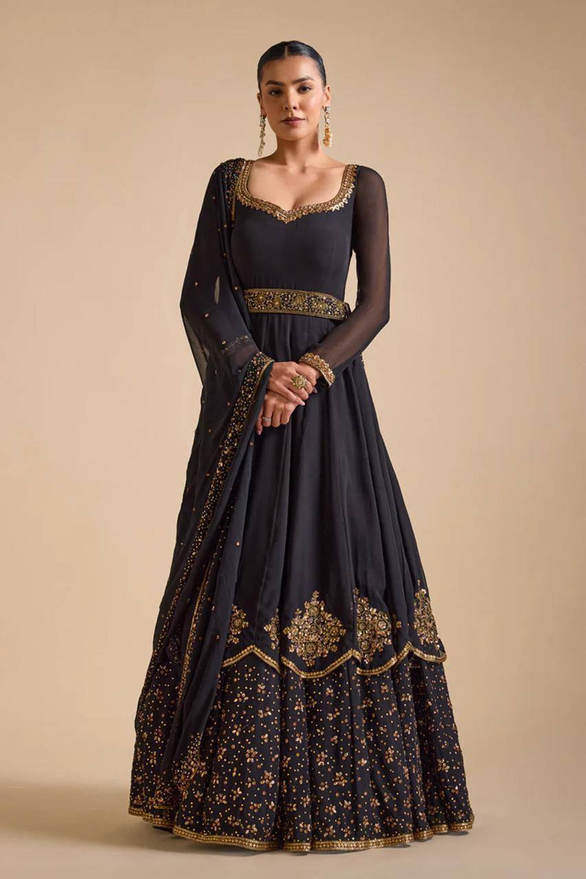 Demanding Black Colour Georgette Fabric Thread And Sequences Work Anarkali Suit