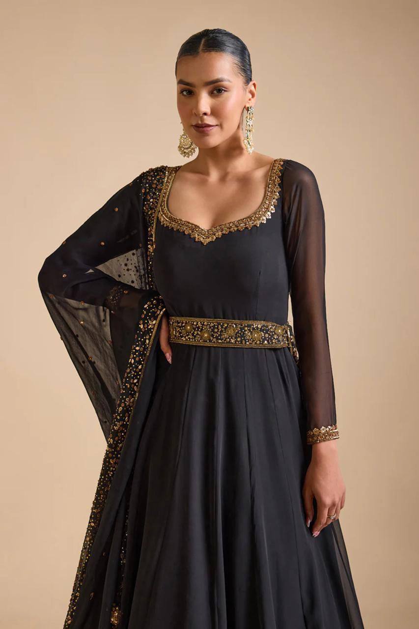 Demanding Black Colour Georgette Fabric Thread And Sequences Work Anarkali Suit