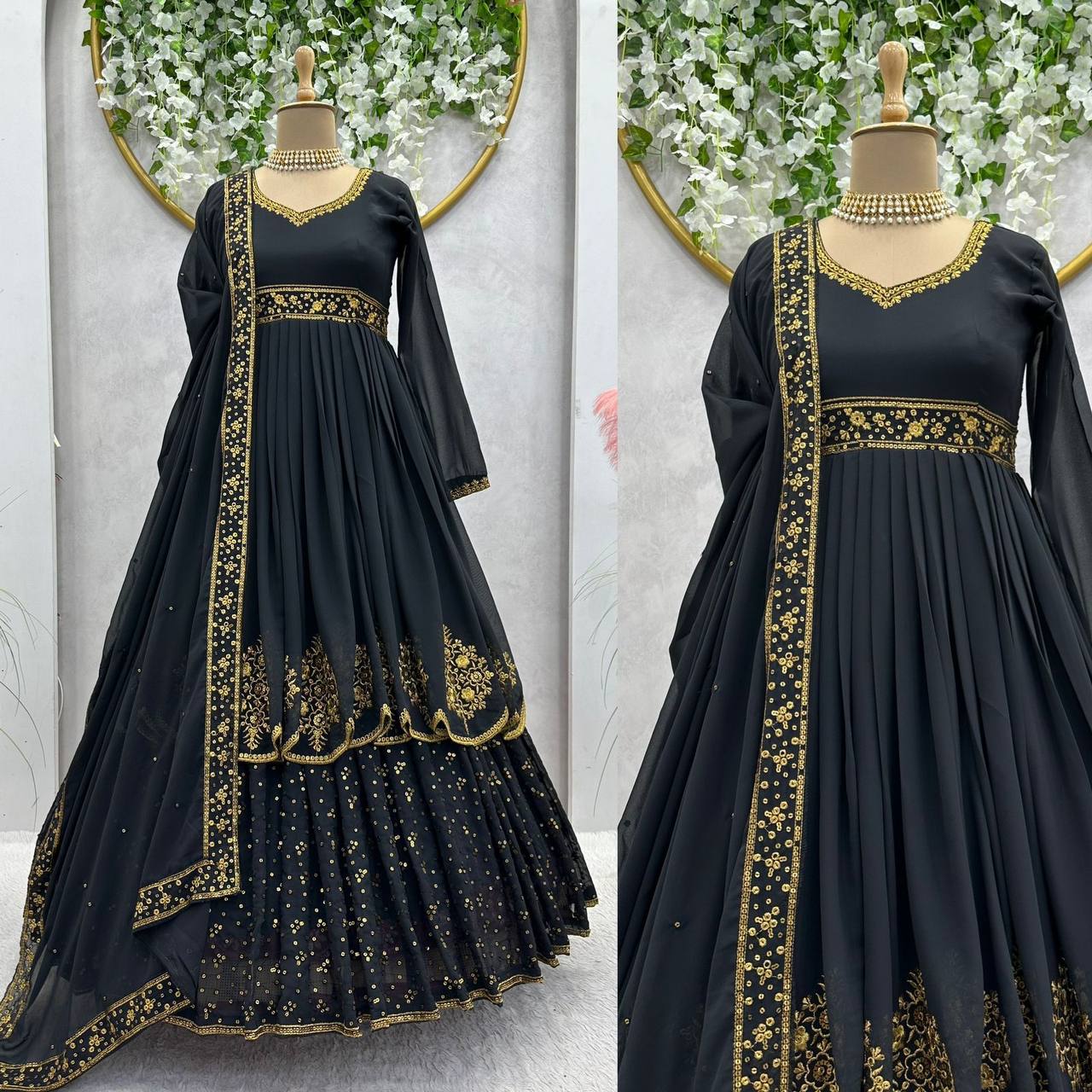 Demanding Black Colour Georgette Fabric Thread And Sequences Work Anarkali Suit