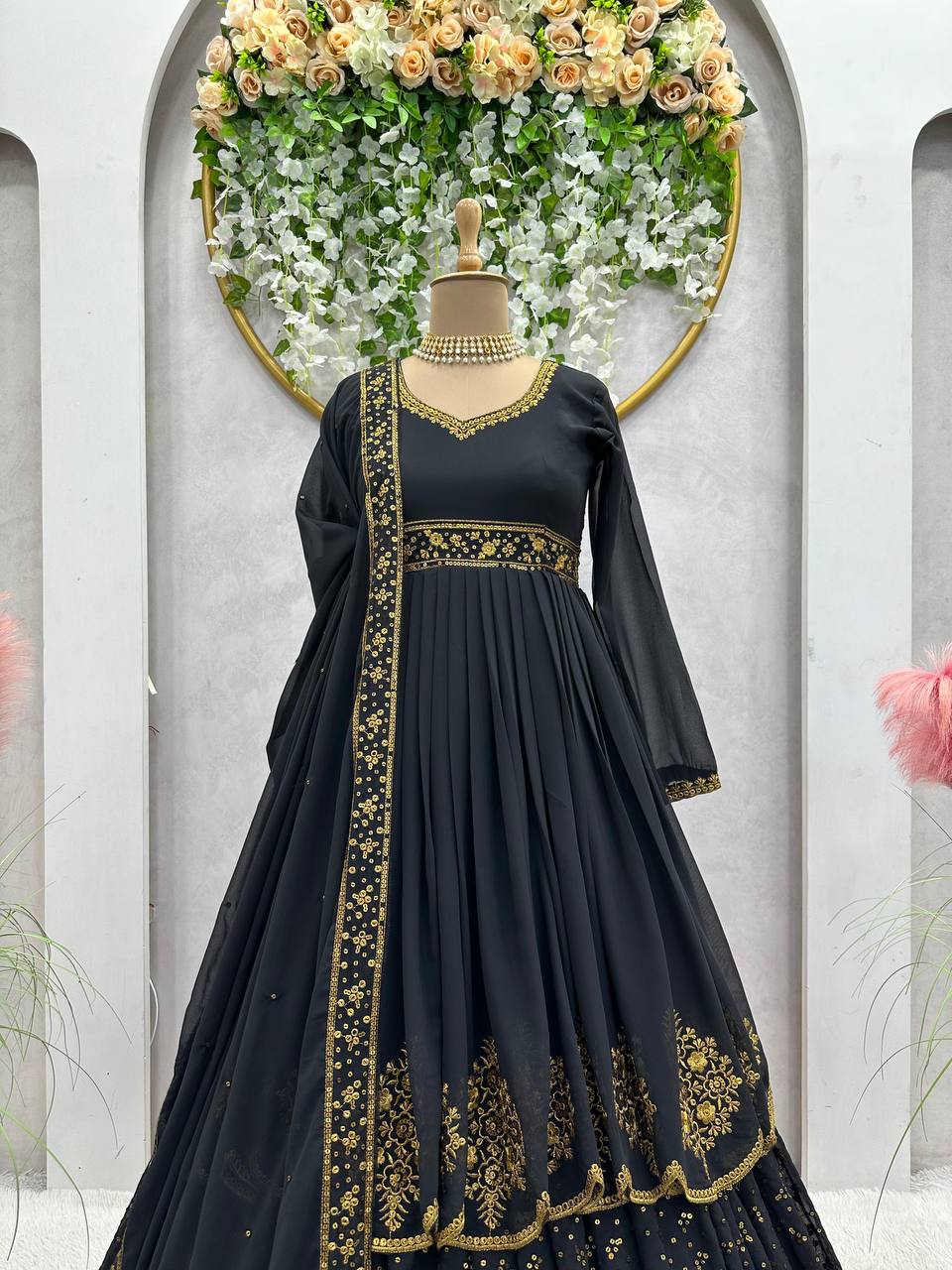 Demanding Black Colour Georgette Fabric Thread And Sequences Work Anarkali Suit