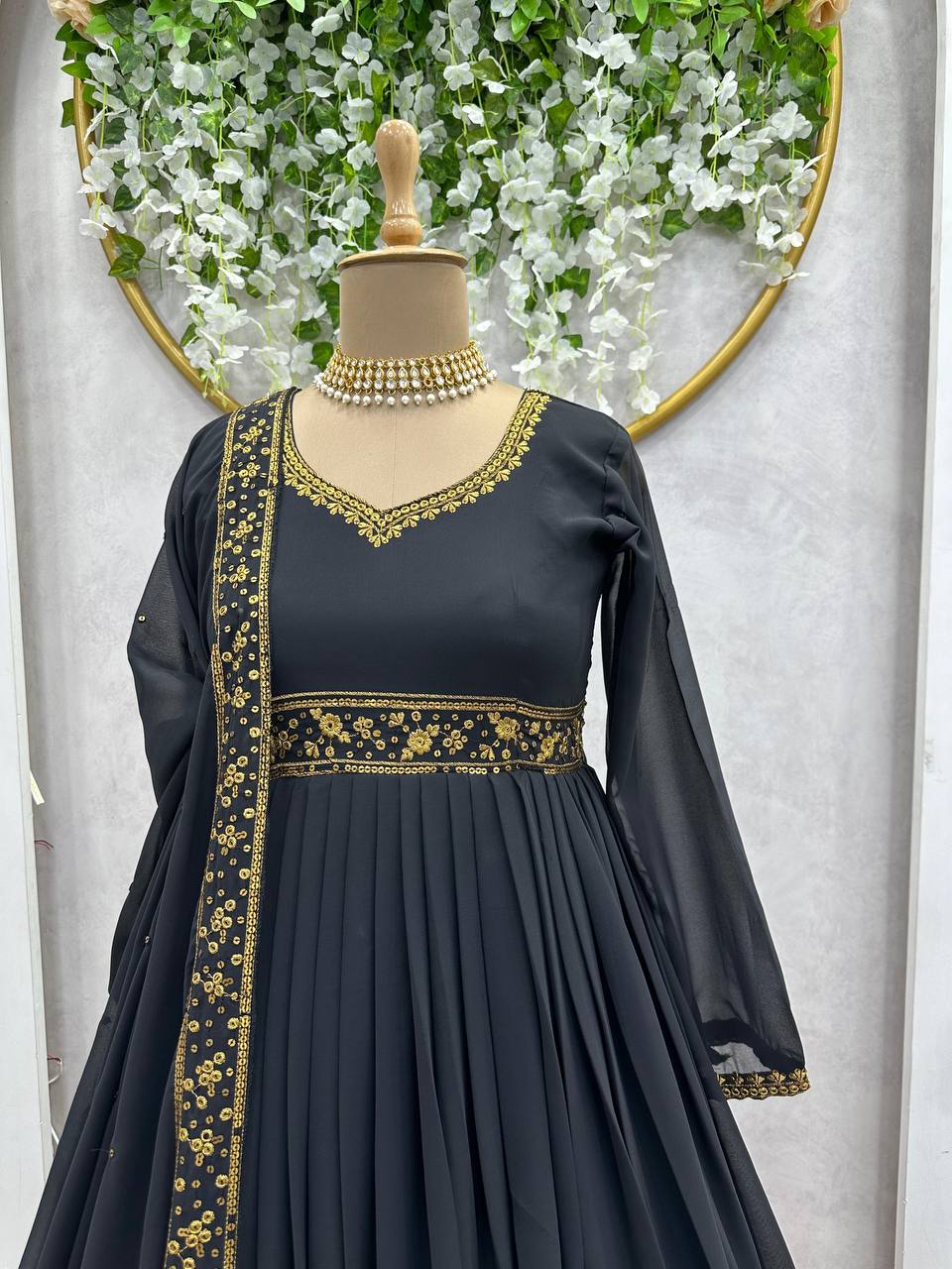 Demanding Black Colour Georgette Fabric Thread And Sequences Work Anarkali Suit