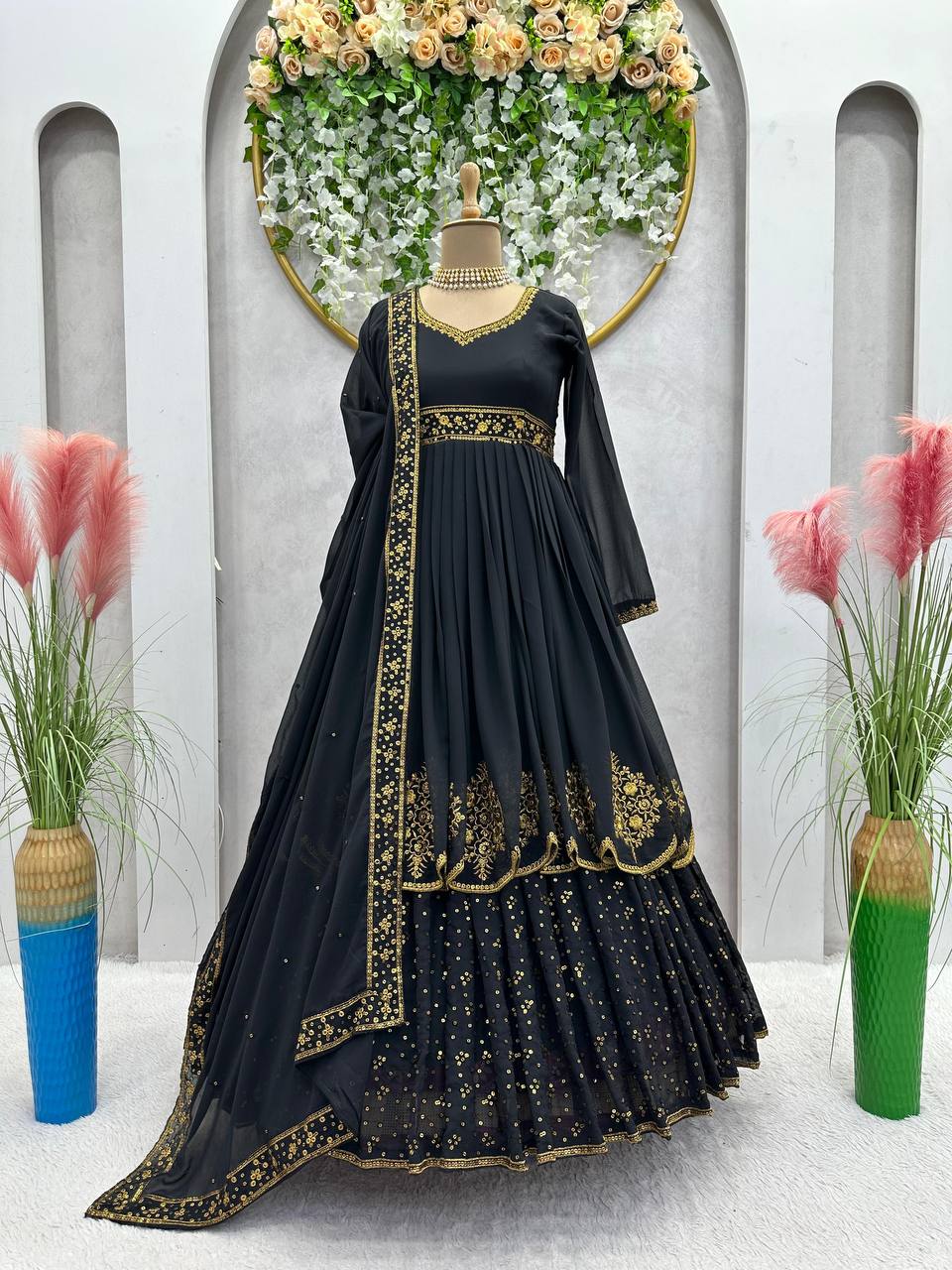 Demanding Black Colour Georgette Fabric Thread And Sequences Work Anarkali Suit