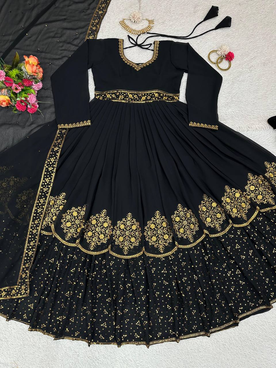 Demanding Black Colour Georgette Fabric Thread And Sequences Work Anarkali Suit