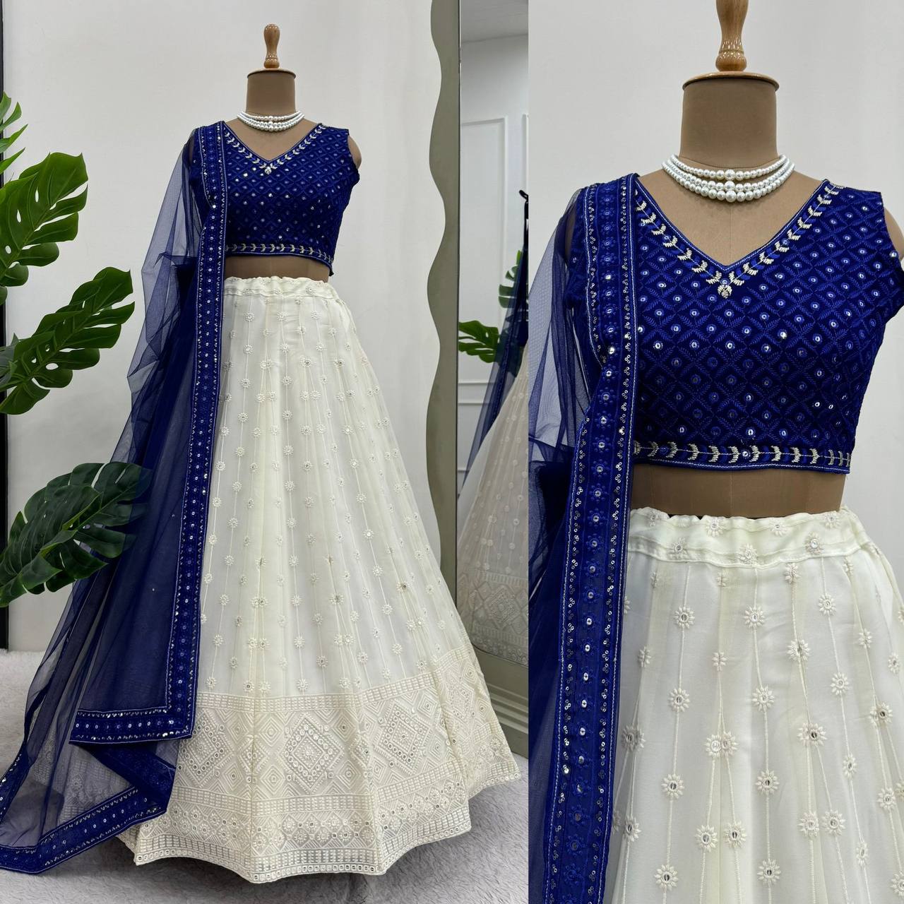 Attractive Georgette Fabric Thread Work Lehenga Choli With Butterfly Net Dupatta