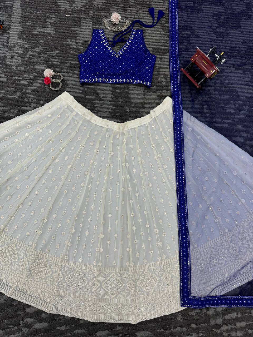 Attractive Georgette Fabric Thread Work Lehenga Choli With Butterfly Net Dupatta