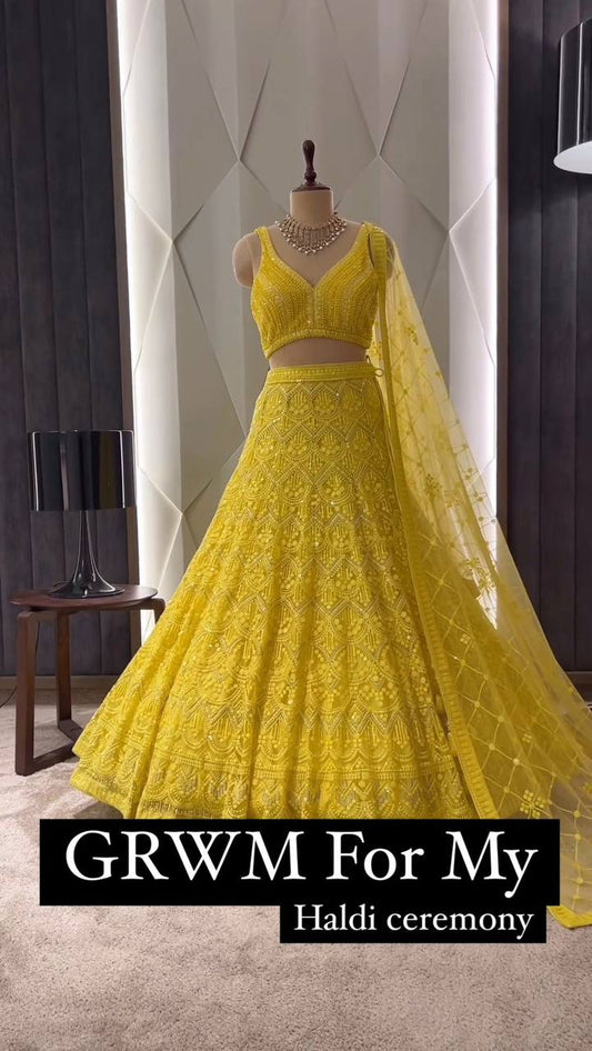 Wear Haldi Function Designer Georgette Fabric Thread Work Lehenga Choli