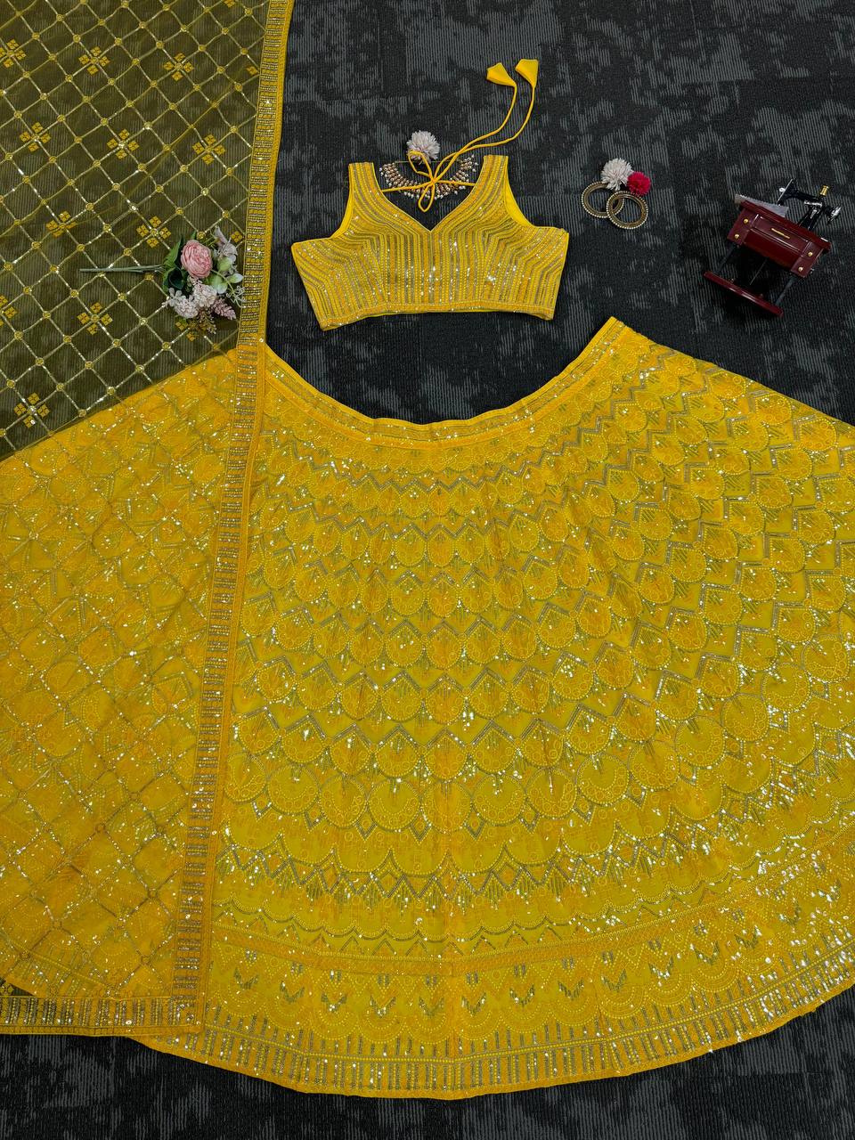 Wear Haldi Function Designer Georgette Fabric Thread Work Lehenga Choli